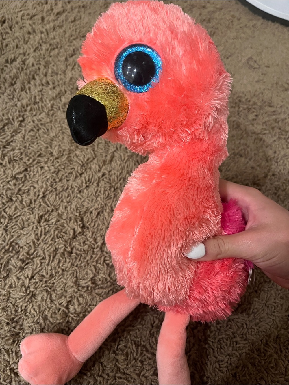 Ty Coral-Pink Flamingo Plush with Gold Beak and Blue Eyes